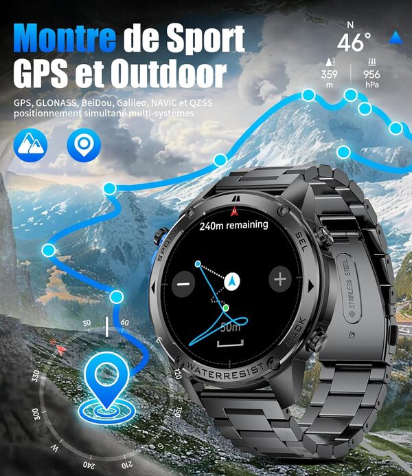 LIGE Montre Connectée Homme, GPS Intégré Montre de Fitness avec 110+ Modes Sportifs, 1,43