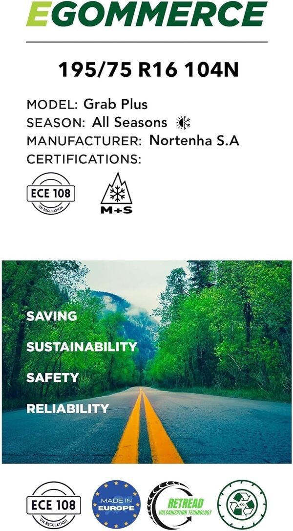 EGOMMERCE - Pneu 4 Saisons GRAB PLUS 195/75 R16 104N - Pneu Voiture Certifié M+S/3PMSF- Pneus 4 Saisons - Pneumatique All Season pour Voitures Made in Portugal et Ecofriendly, Pneu avec Garantie 2