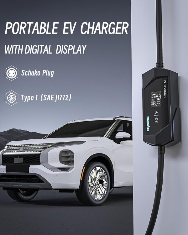 EVPEIWE EV Chargeur Type 1 Câble de Charge Schuko {3.68kW 16A 5M}, Portable EVSE et Station de Charge avec LCD Écran, Courant Commutable 6-16A pour Voitures Électriques SAE J1772(Outlander is exclude)