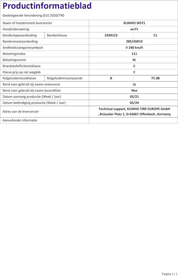 PNEU PNEUS KUMHO WINTERCRAFT WS71 285 45 R19 111V INVERNALI TL M+S 3PMSF XL POUR 4X4 [Classe énergétique C]