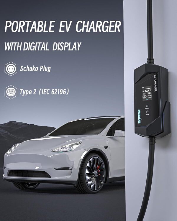 EVPEIWE EV Chargeur Type 2 Câble de Charge Schuko 3.68kW, Portable EVSE et Station de Charge avec Écran, Courant Commutable 6-16A pour Voitures Électriques IEC 62196-2 avec Sac, IP65 (Noir/5M)